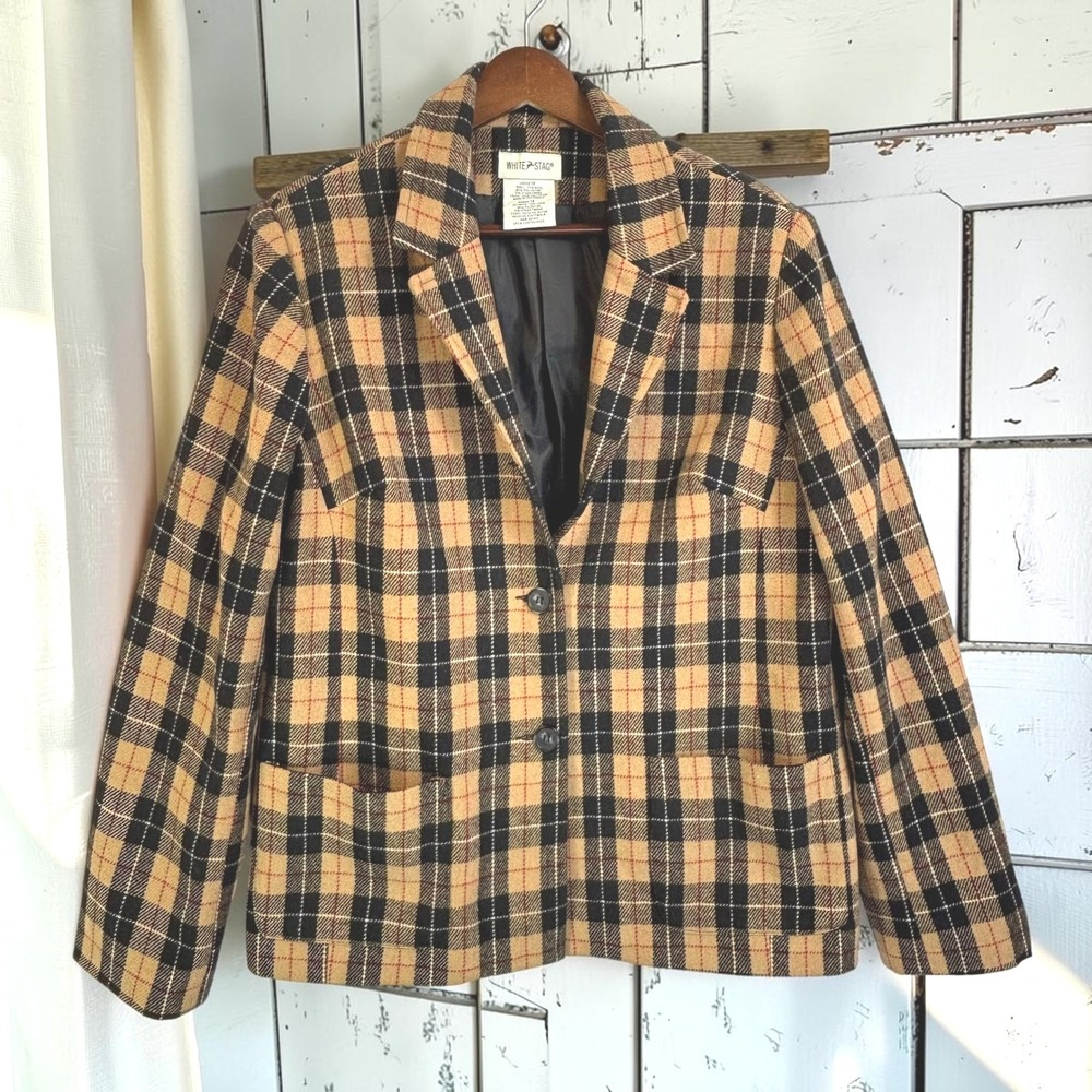Vintage 90s Plaid Blazer 12 Tan Yellow Black Red 70% Wool Clueless Boxy Jacket